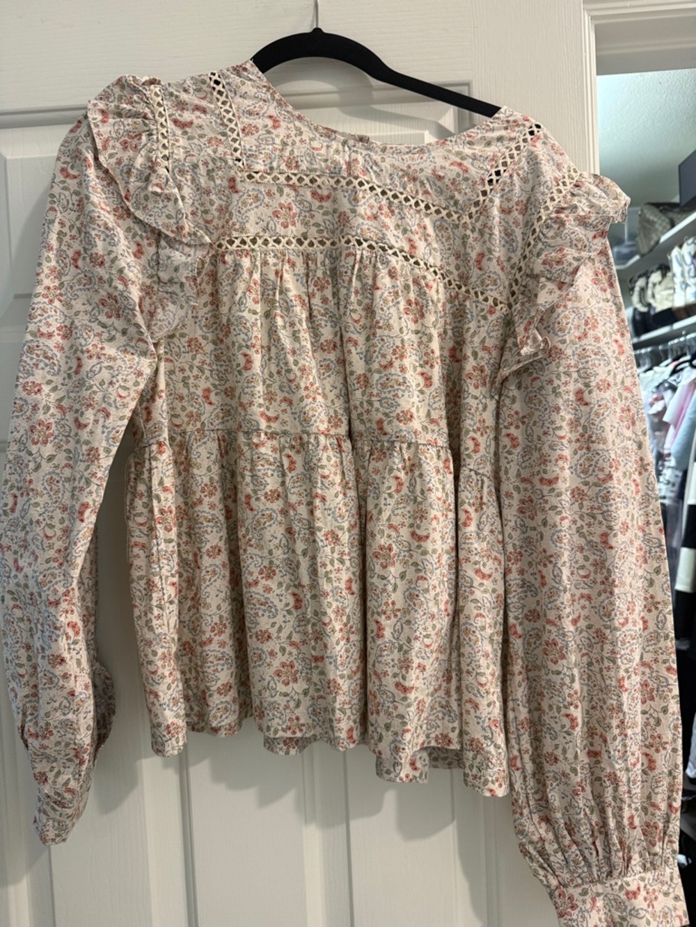Women’s Floral Ruffle Peasant Blouse - Cream with Pink & Green